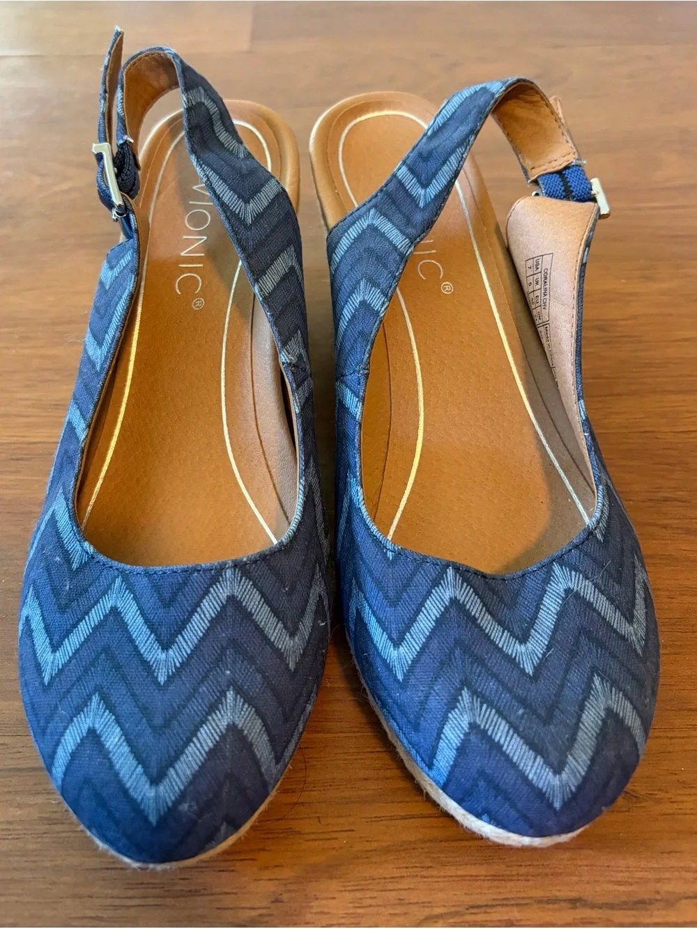 Vionic Blue Chevron Espadrille Wedge Slingbacks